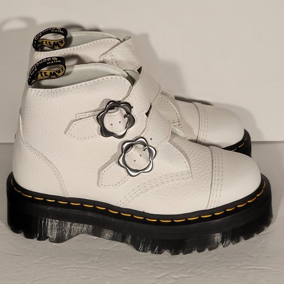 $200 Dr. Martens Womens Devon Flower Leather Platform Boots White Milled Size 7 - Picture 1 of 6